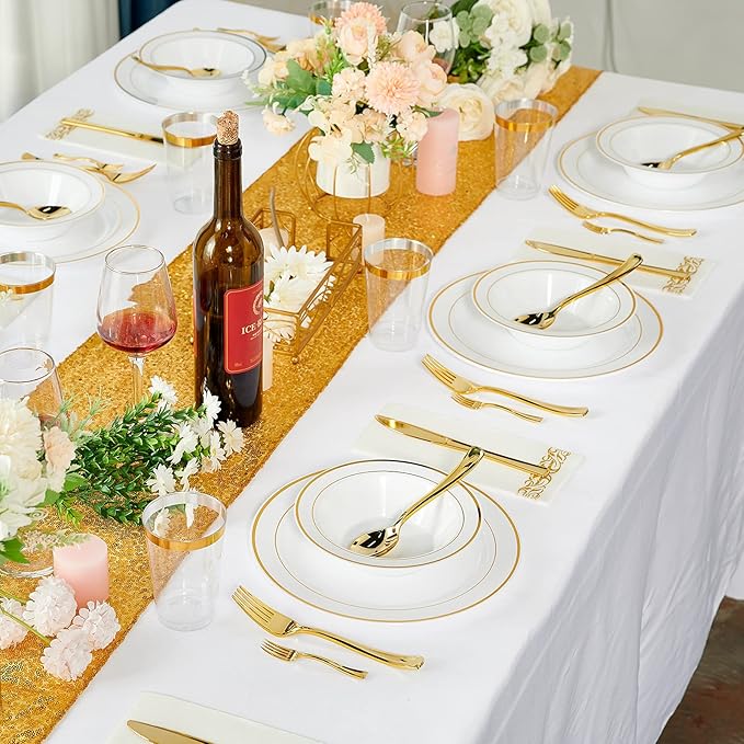 JOLLY PARTY 100PCS Plastic Bowls with Gold Rim-12oz disposable Soup Bowls, Christmas Thanksgiving Premium Dessert Salad Bowls for Wedding/Party