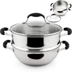 AVACRAFT 18/10, 3 Piece Stainless Steel Steamer Cooking Pot & Pan Set with Glass Lid, Momo Maker, Induction