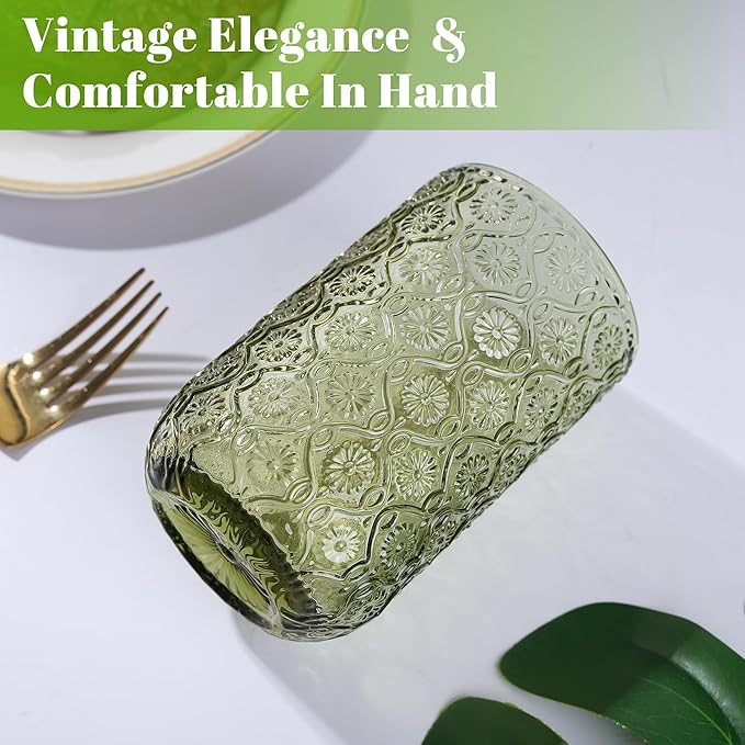 Joeyan Vintage Green Drinking Glasses,Embossed Floral Highball Glass Water Tumbler,14 oz Colored Beverages Juice Cocktail Beer Wine Glassware Cups,Set of 4,Dishwasher Safe