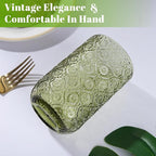 Joeyan Vintage Green Drinking Glasses,Embossed Floral Highball Glass Water Tumbler,14 oz Colored Beverages Juice Cocktail Beer Wine Glassware Cups,Set of 4,Dishwasher Safe