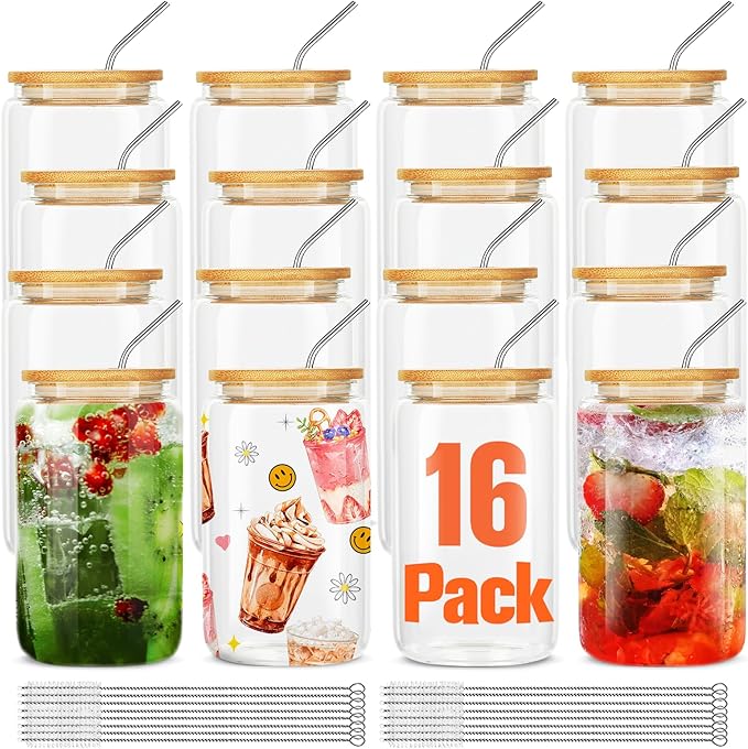 16Pcs Glass Cups With Bamboo Lids and Straws,16Oz Ice Coffee Cup,Drinking Glasses Cups Set,Water Bottles Glasses for Juicing,Beer,Coffee,Soda,Tea-Glass Tumbler Reusable for Gifts
