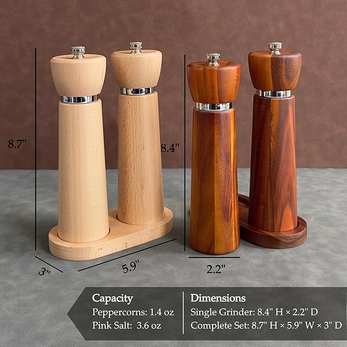 Wooden Pepper Grinder – Refillable Pepper Mill with Adjustable Upgraded Large Size Ceramic Burr – Manual Salt Grinder with Acacia Wood Body – 8.3” Tall
