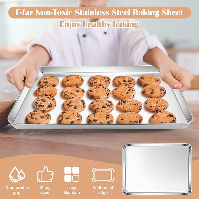 E-far Stainless Steel Baking Sheet, 16” x12” x 1” Baking Cookie Sheet Pan for Oven, Non-toxic Metal Trays for Baking Cake Cookie, Healthy & Rust Free, Mirror Finish & Dishwasher Safe, 1 Pack
