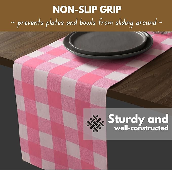 Native Fab Table Runner Buffalo Check Plaid 100% Cotton - 13x108 Inches Kitchen Dining Table Decoration for Indoor Outdoor Farmhouse Home Party Decor - Pink and White