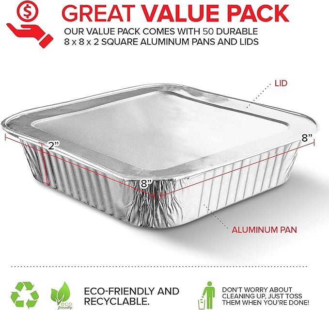 Stock Your Home 8” Square Foil Pans with Lids (50 Pack) - Foil Cake Pans with Covers - Aluminum Baking Pans - Disposable Cake Pans - 8 Inch Square Pans - Disposable & Recyclable Pans with Lids