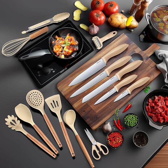 RAXCO Kitchen Set,18-Piece Silicone Cooking Utensils and Stainless Steel Chef's Knives,Khaki