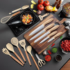 RAXCO Kitchen Set,18-Piece Silicone Cooking Utensils and Stainless Steel Chef's Knives,Khaki
