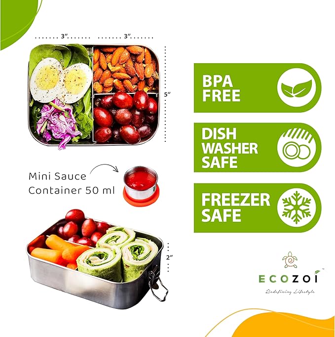 Stainless Steel Lunch Box, Leak Proof Metal Bento Box with 3 Compartments, 24 Oz Bento Box, BPA Free Meal Prep Food Container | Bonus 50 ml Sauce Container