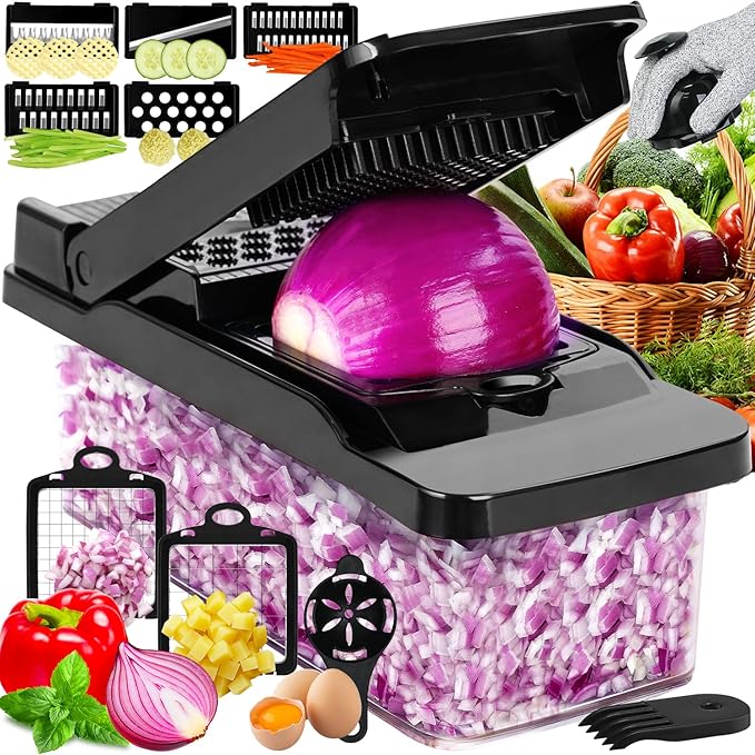 12 in 1 Vegetable Chopper Spiralizer Mandoline Slicer, Dicer Shredder Julienne Food Veggie Onion Chopper Cheese Grater with Container Salad Cutter Multi All-in-1 Kitchen Gadgets & Home Essentials