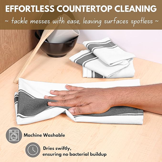 Native Fab Gray Kitchen Dish Towels 18x28 Inch, Set of 4, Wide Stripe, Super Absorbent, Fast Dry, Soft, 100% Cotton Towels for Wiping Hands, Drying Dishes, Cleaning Spills Dish Cloths Set - Grey