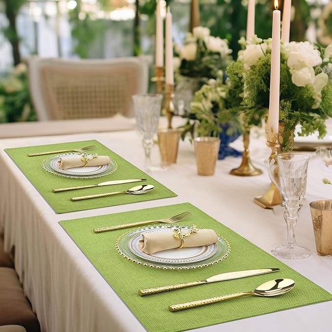 Green Cloth Placemats Set of 6 - Easy to Clean Fabric Table Placemats - Machine Washable Placemats- Heat Resistant Non-Slip Table Mats (Grass Green, 6)