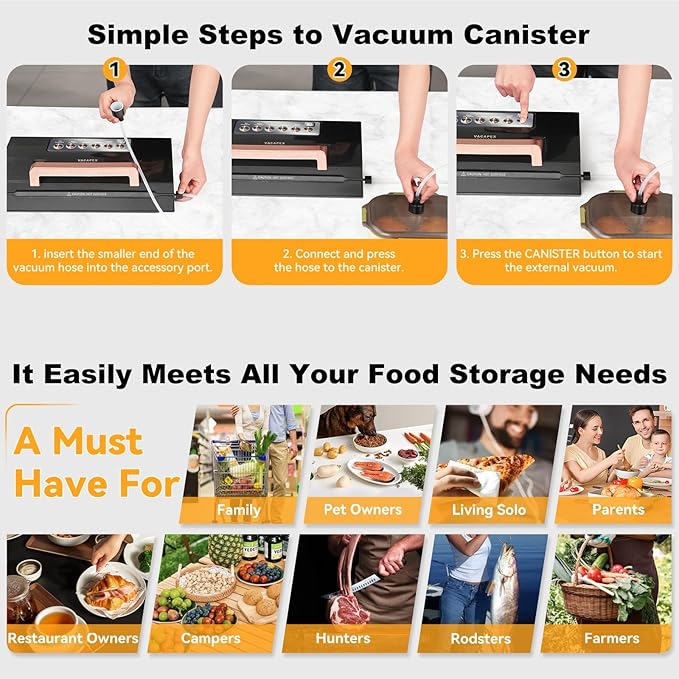 2025 Black Stainless Steel Food Vacuum Sealer, VACAPEX Deluxe Vacuum Sealer Machine with 11" Double Heat Seal and Automatic One-Touch System, Bags Storage & Cutter, Easy-Lock Handle with 2 Bag Rolls