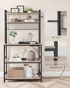 VASAGLE Hutch Bakers Rack with Power Outlet, 14 Hooks Microwave Stand, Adjustable Coffee Bar with Metal Wire Panel, Kitchen Storage Shelf, 15.7 x 31.5 x 66.9 Inches, Greige and Black UKKS025B02