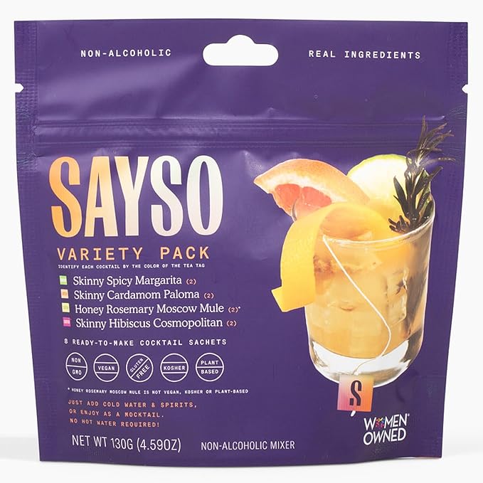 SAYSO Variety Pack | Skinny Mix Includes Spicy Margarita, Cardamom Paloma, Hibiscus Cosmopolitan & Honey Rosemary Moscow Mule Craft Cocktail & Moctkail Mixers (Low-Calorie & Low Sugar), 8-Pack Assorted