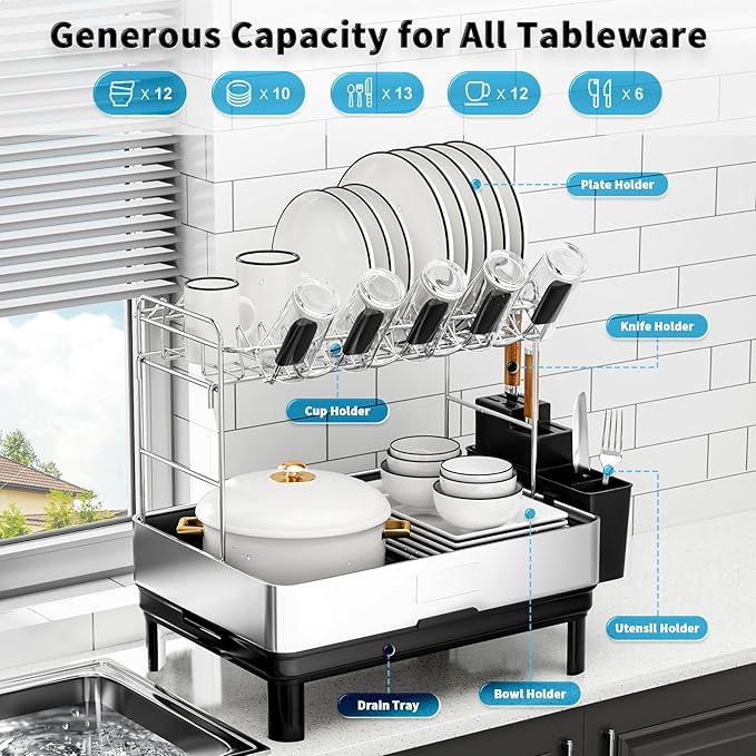 Dish Drying Rack, 2 Tier Large Dish Rack, Stainless Steel Dish Drainer for Kitchen Counter, Dishes Rack with Automatic Drainage, Utensil Holder,Cups Holder,Space Saving Kitchen Organizer,Black