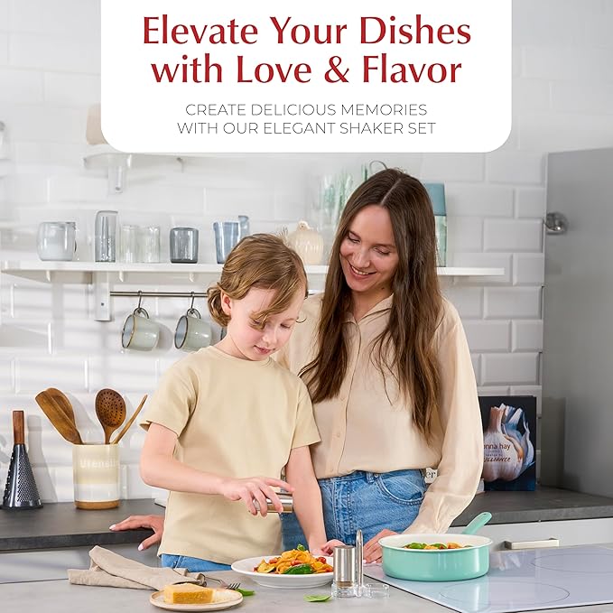 Salt and Pepper Shakers with Holder - Elegant Stainless Steel Salt Shaker and Pepper Shaker Set with Acrylic Holder for Kitchen Counter or Restaurant Table