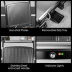 OSTBA Panini Press Grill with Adjustable Temperature, 4-Slice Indoor Grill, 180° Open Sandwich Maker with Drip Tray, Non-Stick Plates, Stainless Steel, 1200W