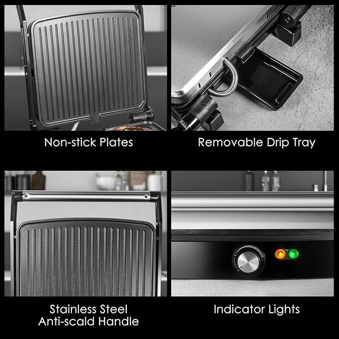 OSTBA Panini Press Grill with Adjustable Temperature, 4-Slice Indoor Grill, 180° Open Sandwich Maker with Drip Tray, Non-Stick Plates, Stainless Steel, 1200W