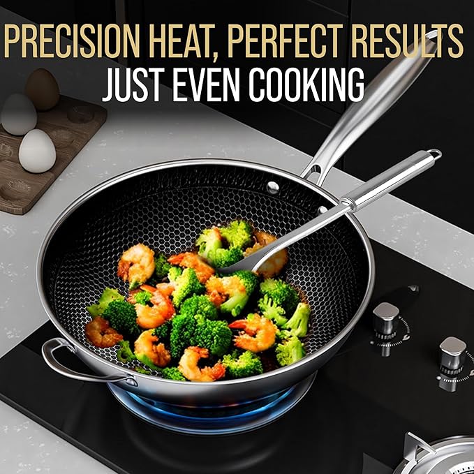 12.5” Nonstick Stainless Steel Wok Pan with Lid | Tri-Ply Honeycomb Hybrid Stir-Fry Pan | Nonstick Woks & Stir-Fry Pans | PFOA-Free, Induction, Dishwasher & Oven Safe