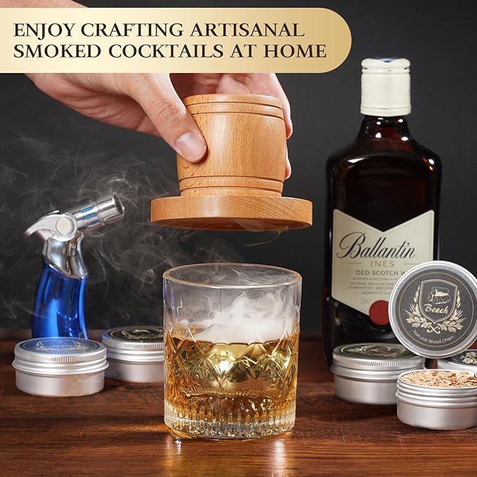 Whiskey Smoker Kit with Torch - Old Fashioned Cocktail Smoker Kit with 6 Flavors Wood Chips | 2 XL Stainless Steel Ice Balls & 2 Glasses, Christmas Bourbon Whiskey Gifts for Men, Dad(No Fuel Included)