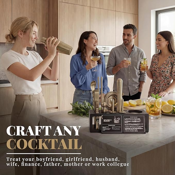 Brushed Brass Mixology Kit - 15 Piece Bar Tool Set, Silver Bar Set Cocktail Shaker Set for Drink Mixing - Includes Martini Shaker, Jigger, Strainer, Bar Mixer Spoon, Tongs, Opener | Gift Idea