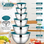 LIANYU 6 Piece Stainless Steel Mixing Bowls, Large Metal Bowls with Airtight Lids Set, 7 & 3.5 & 2.5 QT 2 & 1.5 & 1QT, Kitchen Nesting Bowls for Cooking Prepping Food Storage, Dishwasher Safe, Blue