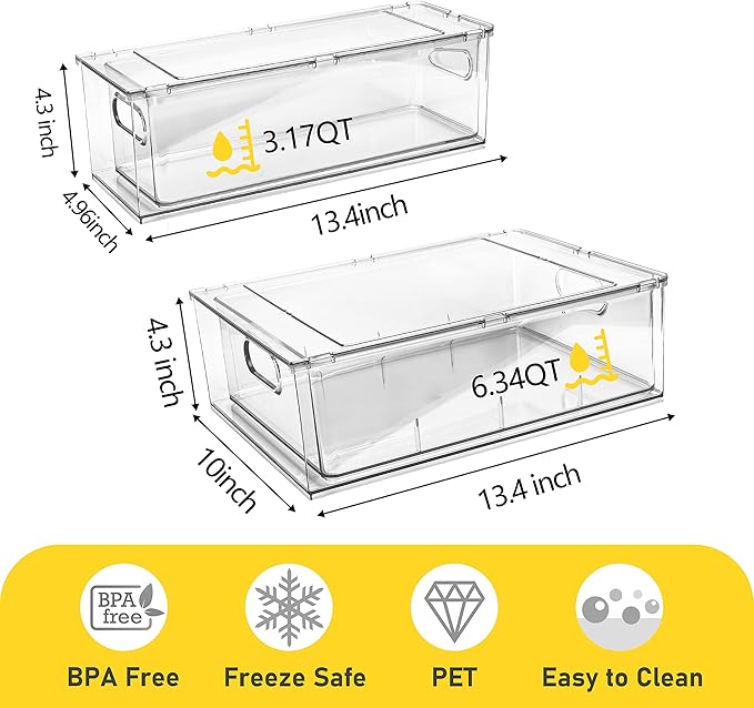 3 Pack Refrigerator Organizer Bins with Pull-out Drawer Stackable Clear Fridge Drawer Organizer Fruit Vegetable Storage Containers for Kitchen Pantry Organization (1 Large+2 Small)