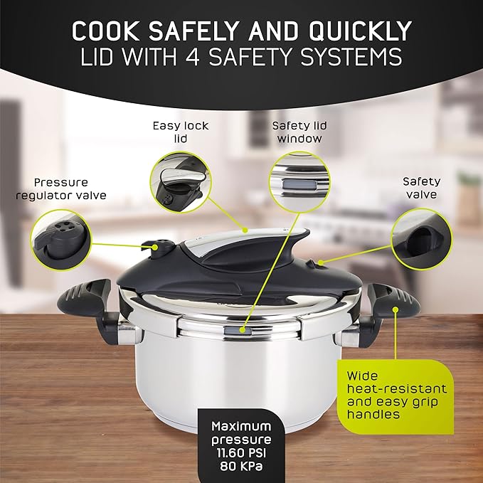 Universal (4.2 Quart / 4 Liter) Small Stainless Steel Easy Use Pressure Cooker + Extra Glass Lid, 5 Servings, Induction Compatible, Multipurpose Pot & Pressure Cooker