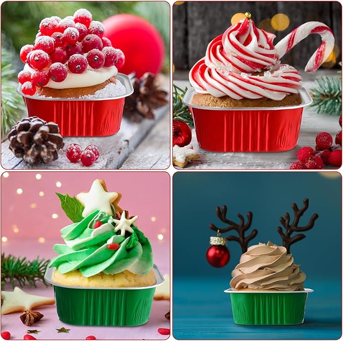Aoriher 150 Pieces 10 oz Christmas Mini Cake Pans with Lids Christmas Aluminum Pans Baking Cups Square Disposable 4" x 4" Baking Tins for Desserts Xmas Party Supplies (Red Green)