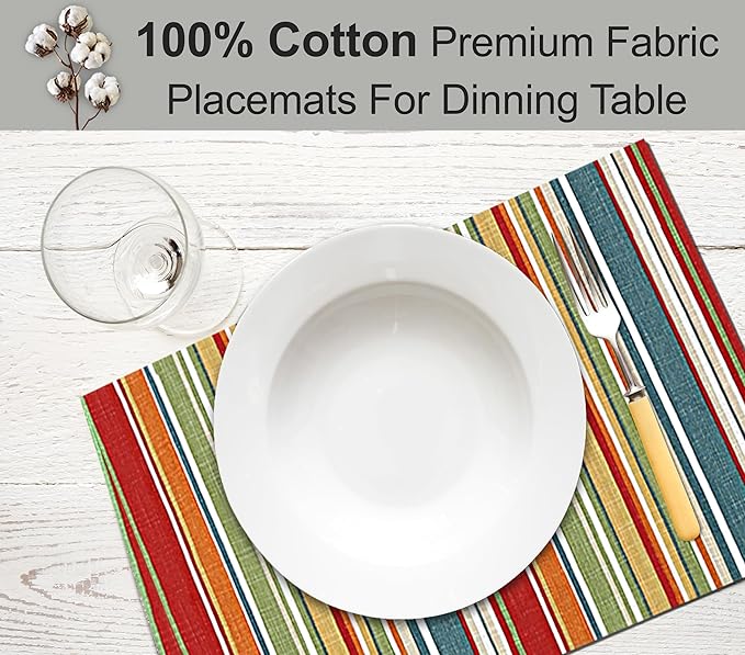 Ruvanti Placemats 100% Cotton 13x19 Inch, Dining Table Placemats Set of 6, Place Mats for Dining Table Decor, Kitchen & Table Linens, Coffee Mat for Christmas Dinners - Multi Stripe