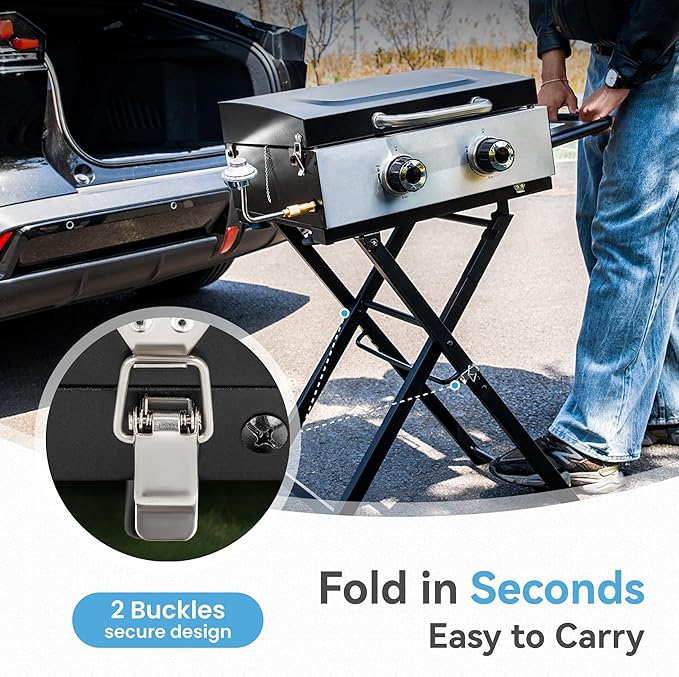 GREEN PARTY 2 Burner BBQ Propane Gas Griddle with Collapsible Stand, 18 Inch Portable Griddle with Side Table & 253 Sq. In. Cooking Area, Flat Top Gas Grill for Outdoor Cooking Garden Patio Backyard