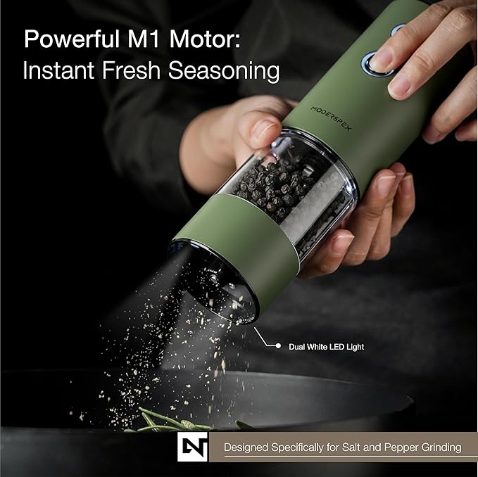 Electric Salt and Pepper Grinder Set USB-C Rechargeable, Dual-Speed Automatic Salt and Pepper Mills with Adjustable Grind Levels, Ceramic Burr, LED Light, Refillable, (Sage Green)