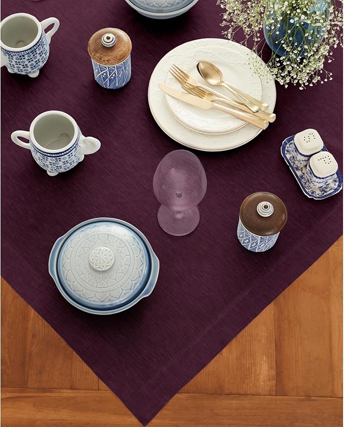 Solino Home Linen Tablecloth 52 x 52 Inch - 100% Pure Linen Square Table Throw - Athena, Machine Washable Chambray Burgundy Tablecloth for Summer, Fall, Autumn