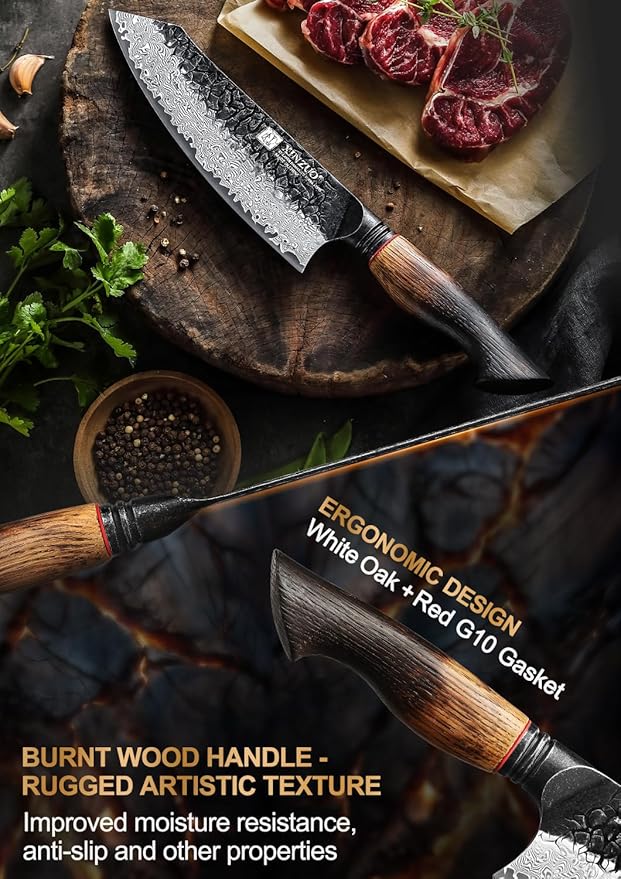 XINZUO 7.6 Inch Sharp Damascus Santoku Knife,Professional 67 Layers Damascus Steel Kitchen Meat Knife for Home and Kitchen,10Cr15CoMoV Steel Core,With White Oak + Red G10 Gasket Handle