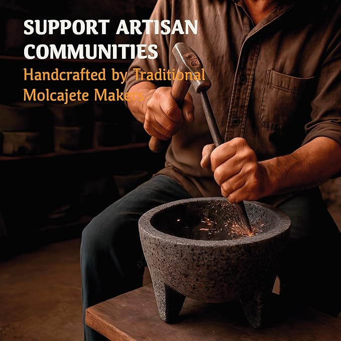 Elly Mexican Molcajete 8in, Handmade with Natural Volcanic Stone, Mortar and Pestle Set for Guacamole, Spices, Salsa, Pesto & More, Authentic Lava Rock, Includes Free Tortilla Warmer