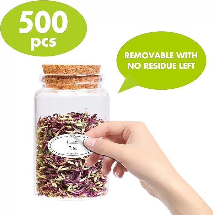 500 Removable Freezer Pantry Oval Canning Labels, Black Polka Borders, Water Oil Resistant with Perforation Line for Food Containers Jars Kitchen Restaurant Storage Organization