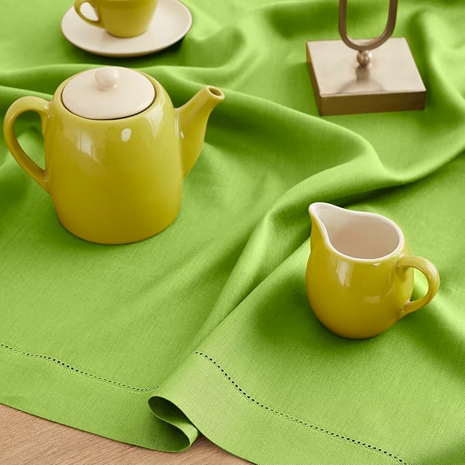 Solino Home Linen Tablecloth for Rectangle Tables 60 x 90 Inch - Classic Hemstitch 100% Pure Linen Lime Green Table Cloth - Machine Washable Cloth Tablecloth for Summer