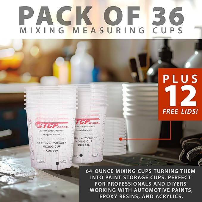 Custom Shop Paint Mixing Cups, 64-Ounce (36 Pack) - Plastic Measuring Cups for Liquids, Automotive Painting, Epoxy Resin, Acrylic Arts, Crafts, Disposable or Reusable, Graduated, Mixing Ratios