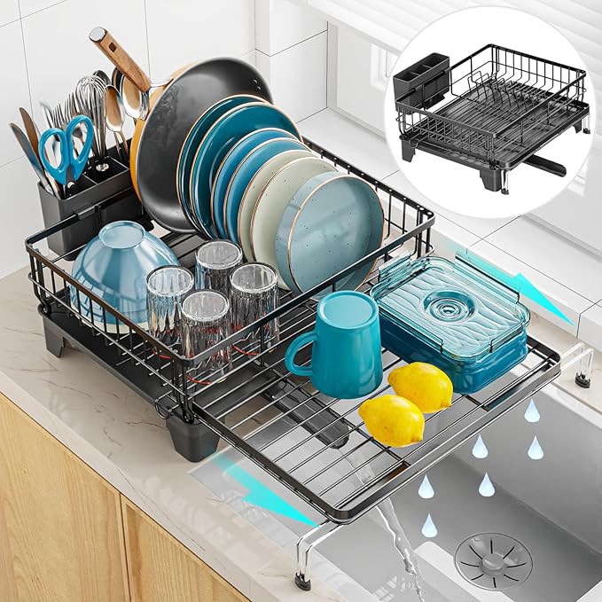 GSlife Extendable Dish Drying Rack - Large 2-in-1 Dish Racks for Kitchen Counter or Over Sink, Anti-Rust Dish Drainer with Drainboard, 2 Pan Slots and Utensil Holder, Black