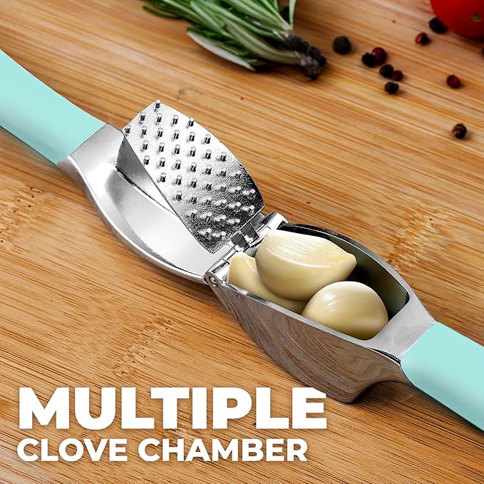 Zulay Kitchen Comfort Grip Garlic Press - Garlic Mincer Tool - Garlic Crusher - Garlic Press Mincer Rust Proof, with Soft Ergonomic Handle, Easy Clean Set with Peeler and Brush - Light Blue