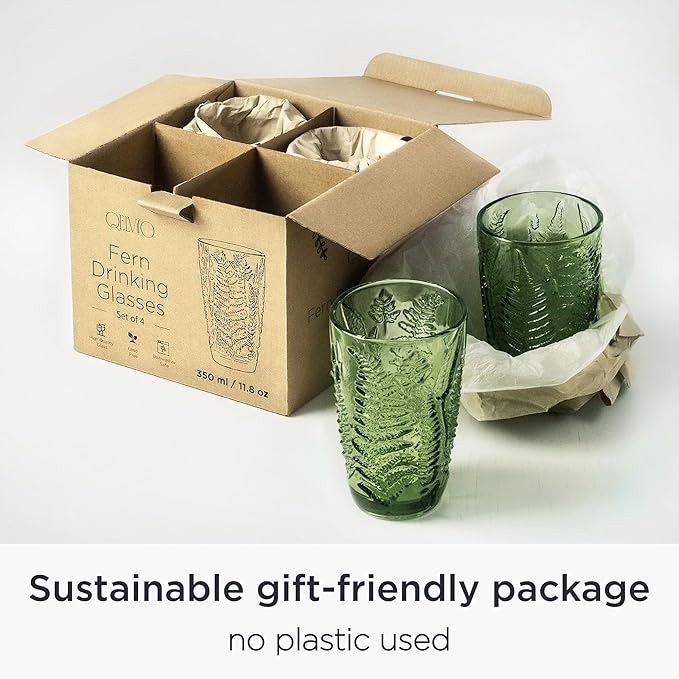 Green Drinking Glasses Set Of 4-12 Oz Hand Blown Vintage Drinking Glasses, Boho Aesthetic Antique Glassware, Colored Cute Glass Cups, Textured Highball Water Tumbler, Unique Retro Drinkware Gift