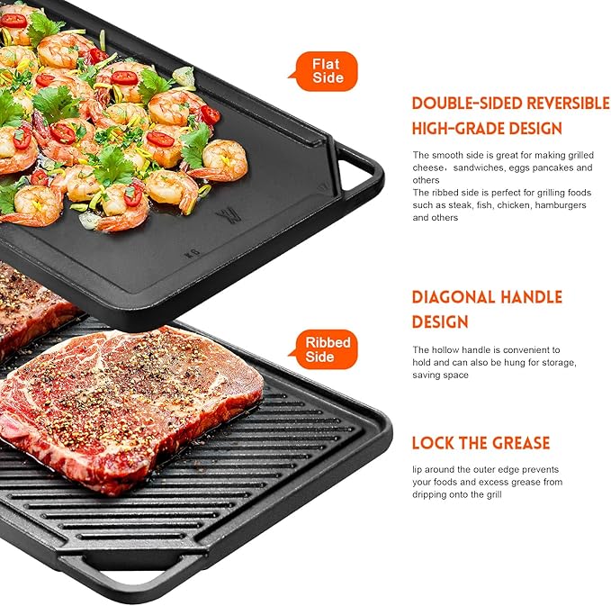 GGC Cast Iron Griddle for Gas Stove, Reversible Griddle for Gas Grills, 20 x 10 Flat and Ribbed Griddle Plate for Outdoor and Indoor Cooking