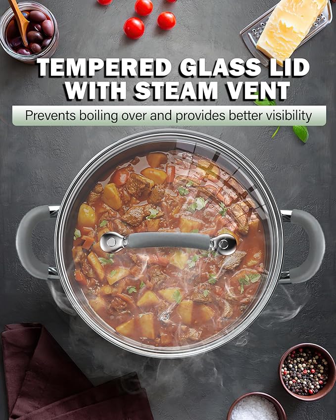 Cook N Home Kitchen Cookware Set, 12-Piece Basics Stainless Steel Pots and Pans Set with Gray Silicone Handle, Silver