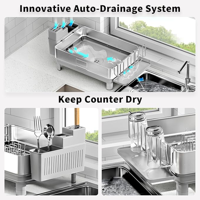 Dish Drying Rack, 304 Stainless Steel Dish Racks for Kitchen Counter, Dish Drainers with Automatic Drainage, Utensil Holder & Cups Holder, Space Saving Kitchen Organizer, Gray