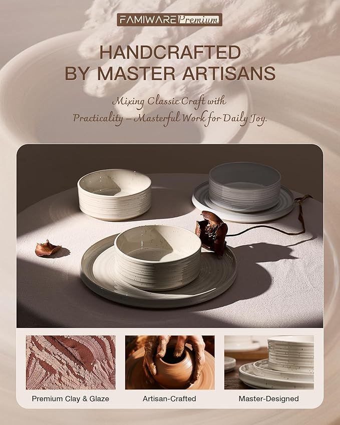 Plates and Bowls Sets for 6, Famiware Premium 18-Piece Stoneware Dinnerware Set, Spiral Dish Set with Straight Rim, Speckles & Reactive Glaze - Microwave & Dishwasher Safe Tableware, Shell Beige