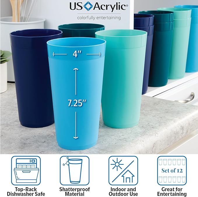 US Acrylic Newport 32 ounce Unbreakable Plastic Stackable Iced-Tea Tumblers in 4 Coastal Colors | Set of 12 Drinking Cups | Reusable, BPA-free, Made in the USA, Top-rack Dishwasher and Microwave Safe