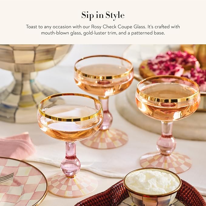 MACKENZIE-CHILDS Coupe Glass, Decorative Stemmed Cocktail Glass, 11 Ounces, Pink-and-White Rosy Check