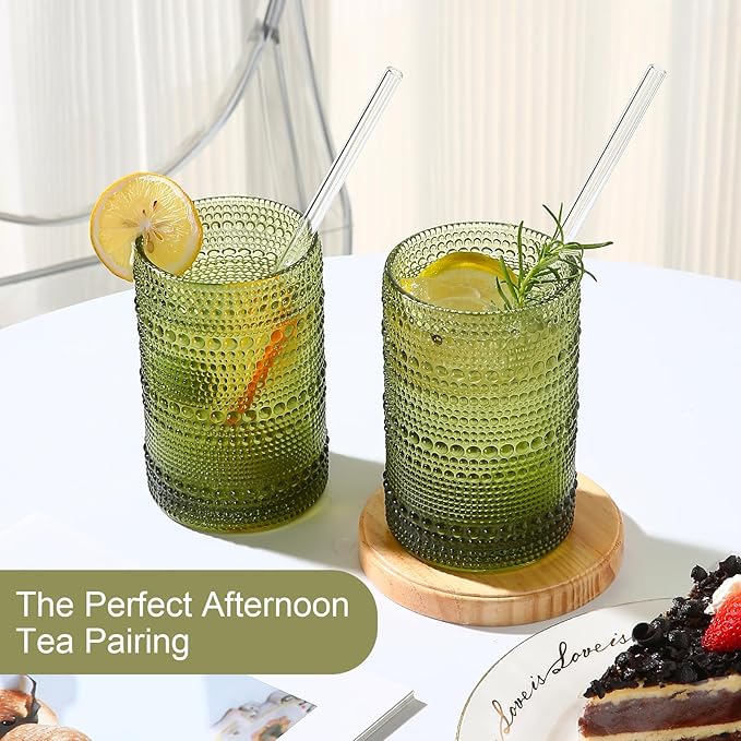 Vintage Glassware Drinking Glasses Set of 6,15 oz Hobnail Glass Cups,Embossed Green Water Tumbler,for Beer,Cocktail,Whiskey,Juice and Various Mixed Drinks- 1 Cleaning Brush