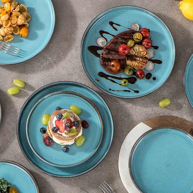 Henten Home 10 Inch Ceramic Dinner Plates, Porcelain Pasta Plates Set of 4, Fluted Round Plates for Kitchen, Steak, Salad Stonware Dishes, Scratch Resistant, Dishwasher & Microwave Safe (Aqua)
