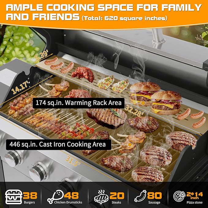 CIG GARDEN 6 Burner Propane Gas Grill With Side Burner,3 in 1 Gas BBQ Grill,73000 BTU Outdoor Barbecue Propane Griddle Grill combo for Camping, Patio, Backyard